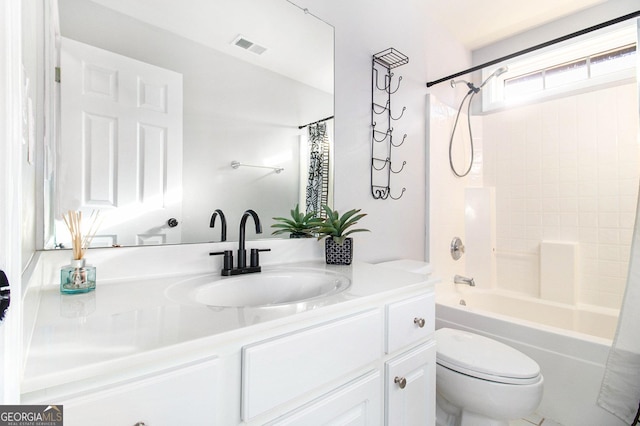 full bathroom with vanity, shower / bathtub combination with curtain, and toilet