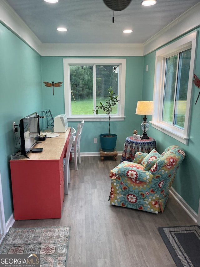 home office with hardwood / wood-style flooring, a wealth of natural light, and ornamental molding