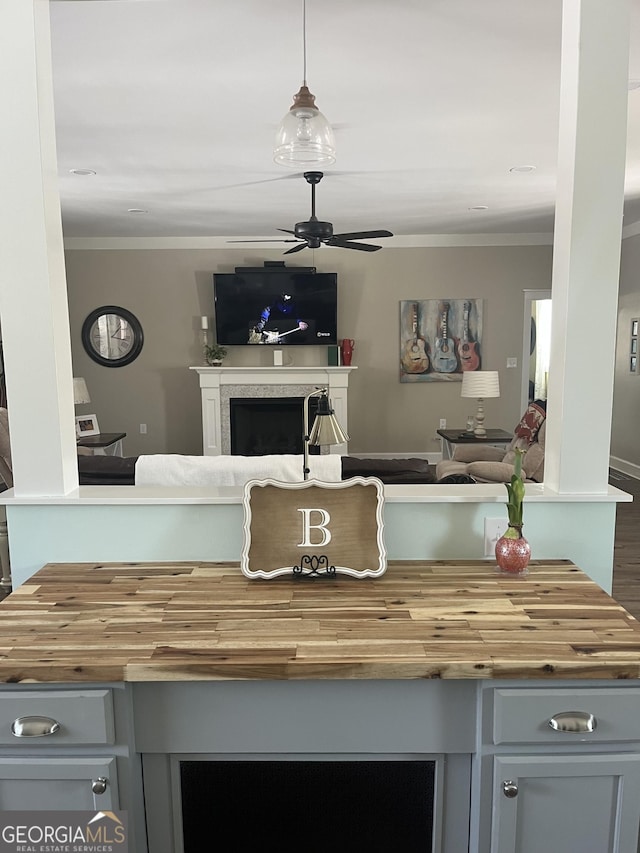 interior space featuring ceiling fan and crown molding