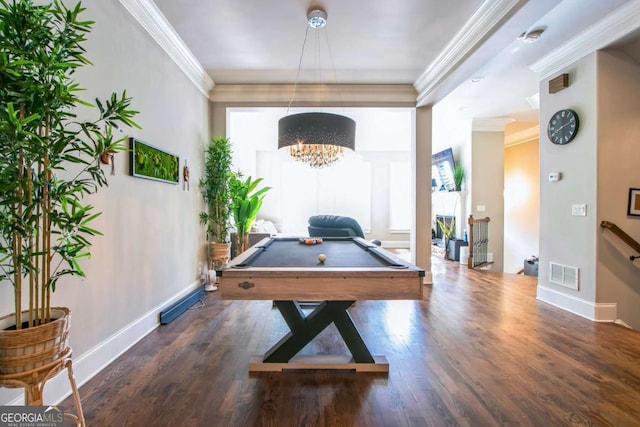 recreation room with ornamental molding, dark hardwood / wood-style floors, and billiards