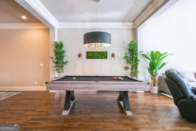 game room featuring crown molding, dark hardwood / wood-style floors, and billiards