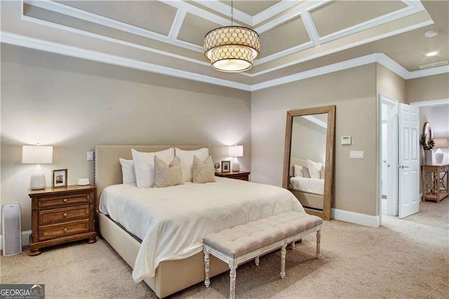 bedroom with crown molding, light colored carpet, and coffered ceiling