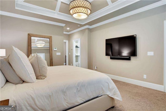 carpeted bedroom featuring ornamental molding