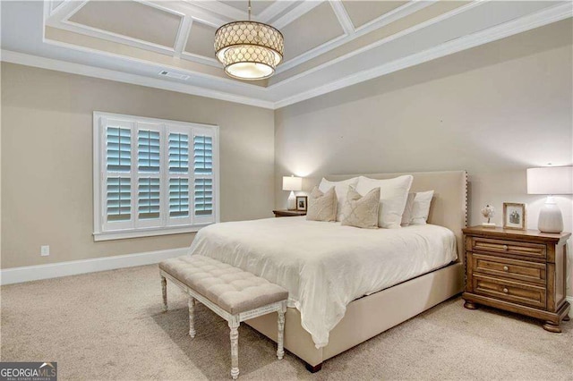 carpeted bedroom with coffered ceiling and crown molding