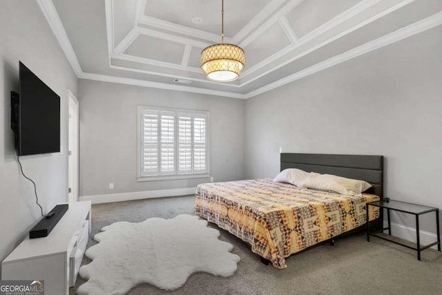 carpeted bedroom with crown molding and coffered ceiling