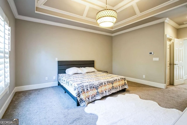 carpeted bedroom featuring ornamental molding and coffered ceiling