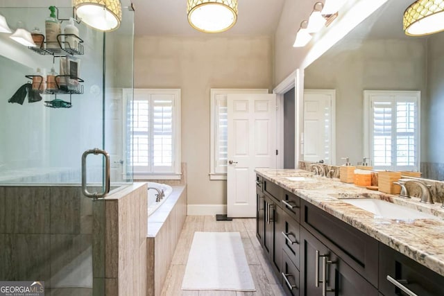 bathroom with plenty of natural light, plus walk in shower, and vanity