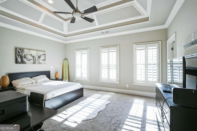 bedroom featuring ornamental molding, coffered ceiling, and ceiling fan