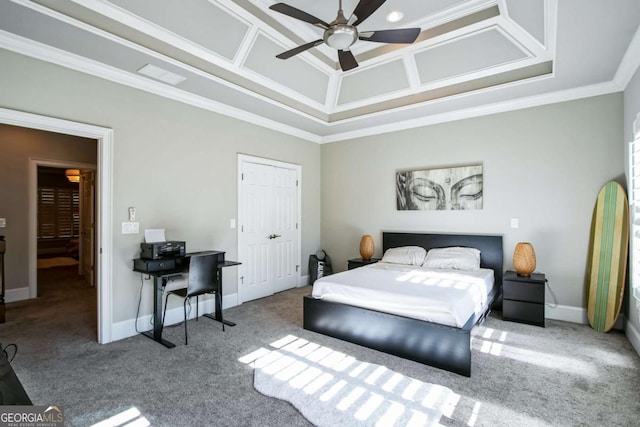 carpeted bedroom with coffered ceiling, crown molding, ceiling fan, and a towering ceiling