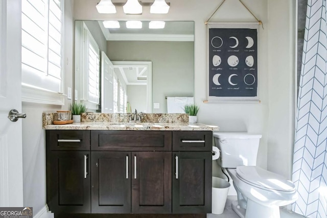 bathroom featuring vanity, crown molding, and toilet