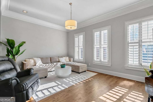 living room featuring crown molding, hardwood / wood-style floors, and a wealth of natural light