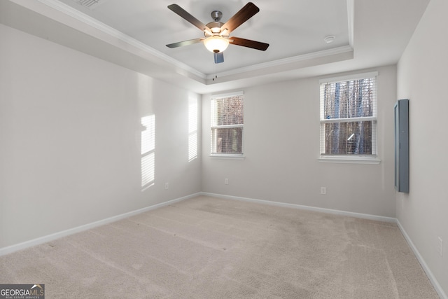 carpeted empty room with ornamental molding, ceiling fan, and a tray ceiling