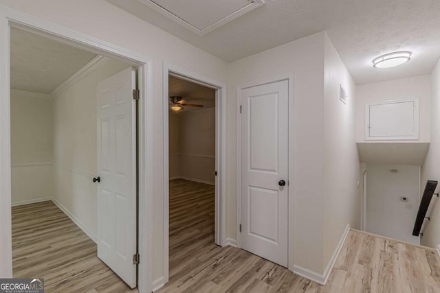 corridor featuring light hardwood / wood-style floors and a textured ceiling