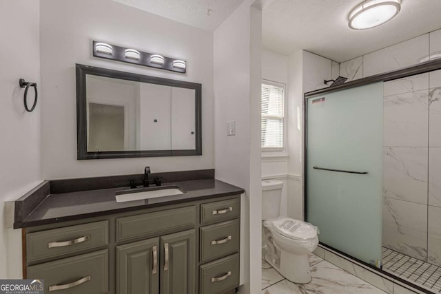 bathroom featuring toilet, vanity, a textured ceiling, and a shower with shower door