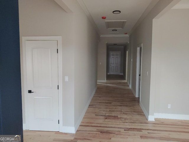 corridor featuring crown molding and light hardwood / wood-style floors