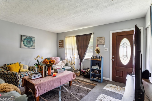 living room with carpet, a healthy amount of sunlight, and a textured ceiling