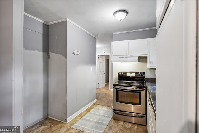 kitchen featuring ornamental molding, stainless steel electric stove, and white cabinets