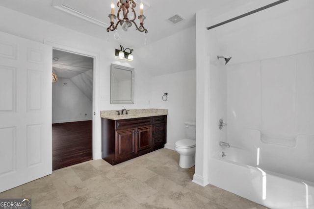 full bathroom with shower / tub combination, vaulted ceiling, vanity, toilet, and an inviting chandelier