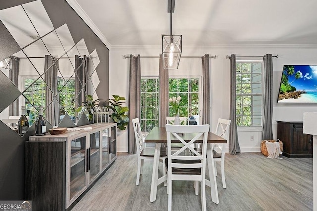 dining area featuring ornamental molding and light wood-type flooring