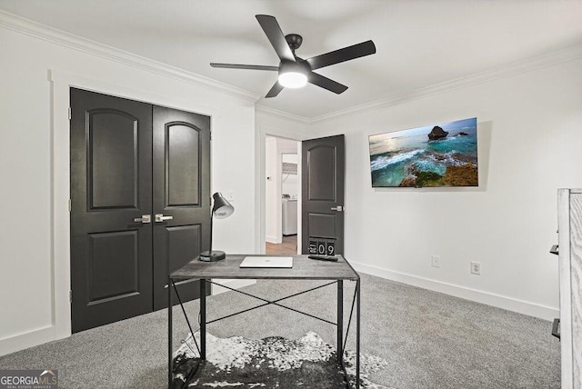 carpeted home office with ornamental molding and ceiling fan