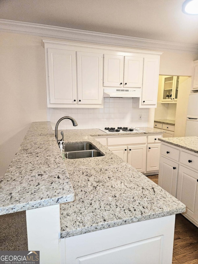 kitchen with crown molding, white appliances, a sink, and under cabinet range hood