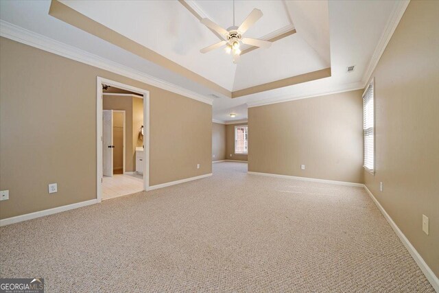 carpeted empty room featuring ornamental molding, ceiling fan, and a tray ceiling