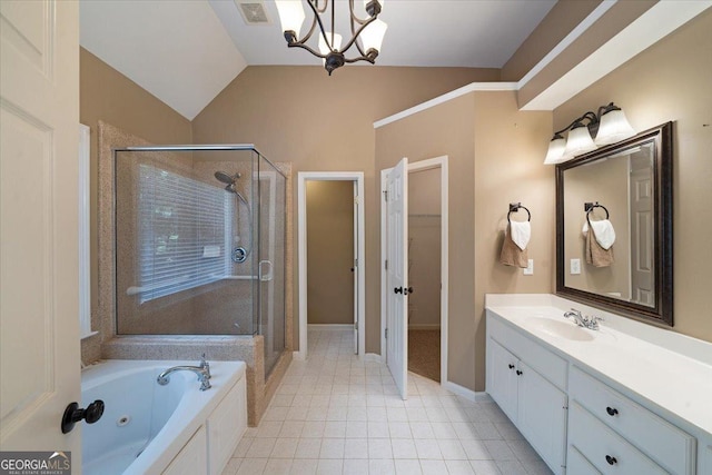 bathroom featuring lofted ceiling, vanity, independent shower and bath, and tile patterned floors