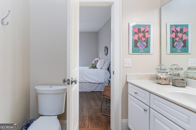 bathroom with toilet, wood finished floors, vanity, and connected bathroom