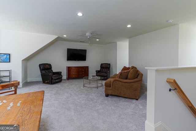 living room with ceiling fan and light carpet