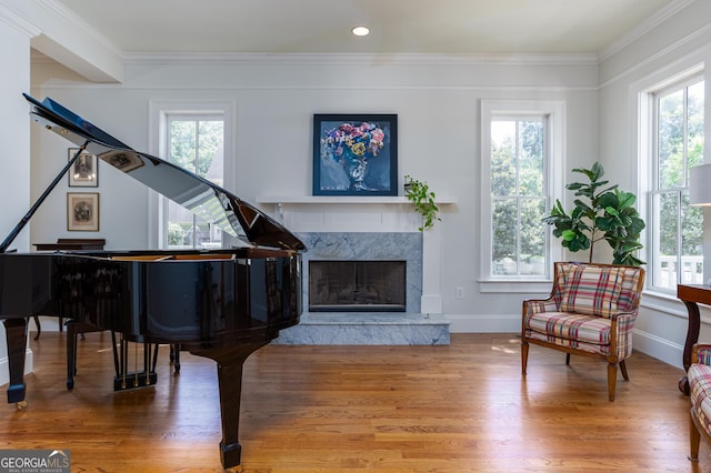 living area featuring hardwood / wood-style flooring, a premium fireplace, and crown molding