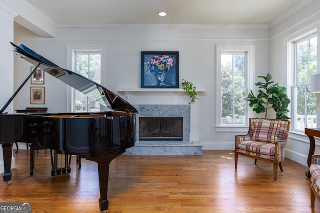 living area featuring a healthy amount of sunlight, wood finished floors, a fireplace, and ornamental molding