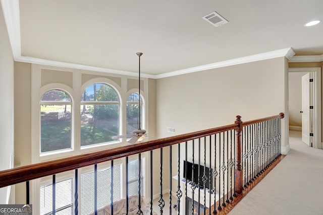 corridor with ornamental molding and carpet flooring