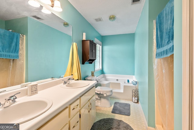 bathroom featuring toilet, a chandelier, a textured ceiling, vanity, and a bath