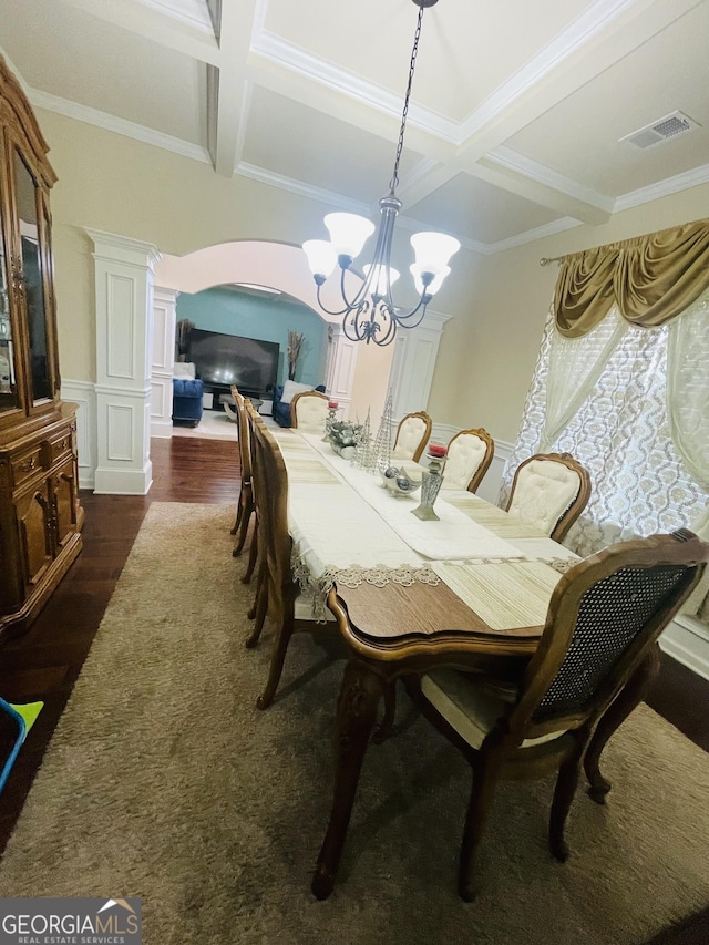 dining area with beam ceiling, coffered ceiling, an inviting chandelier, and dark hardwood / wood-style flooring