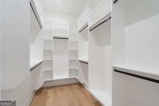 spacious closet with a barn door and light hardwood / wood-style floors