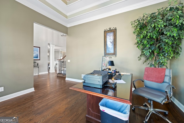 office featuring crown molding, dark hardwood / wood-style floors, and decorative columns