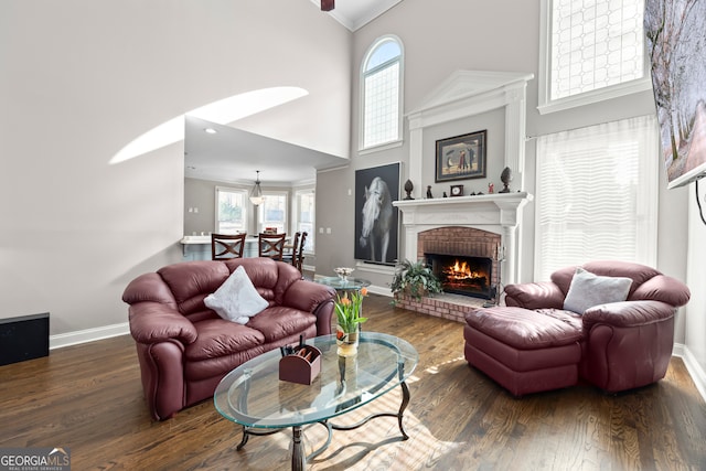 living room with a high ceiling, crown molding, dark wood-type flooring, and a fireplace