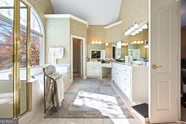 bathroom featuring vanity, tile patterned flooring, and independent shower and bath