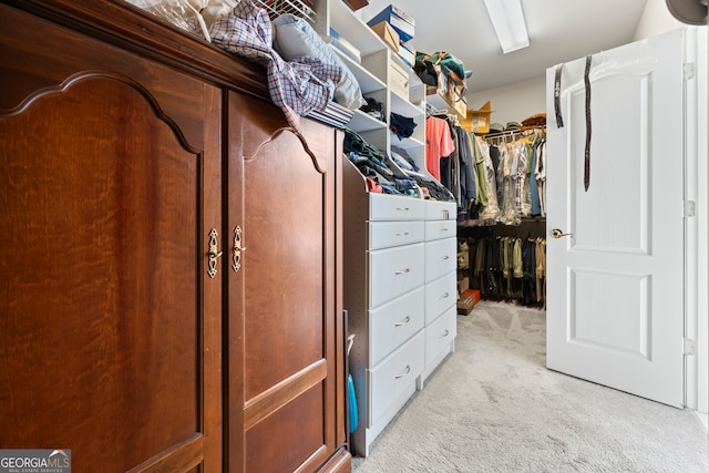 spacious closet featuring light colored carpet