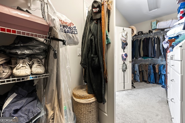 spacious closet with vaulted ceiling and carpet