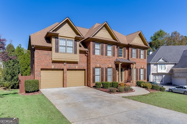 view of front of house with a garage and a front lawn