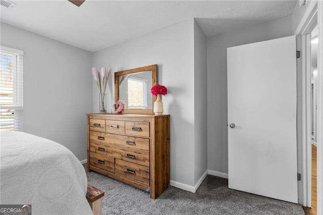 bedroom featuring multiple windows, carpet floors, and a textured ceiling