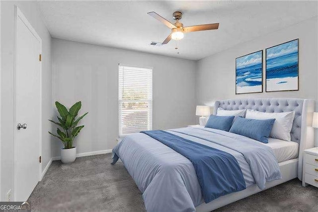 carpeted bedroom featuring ceiling fan