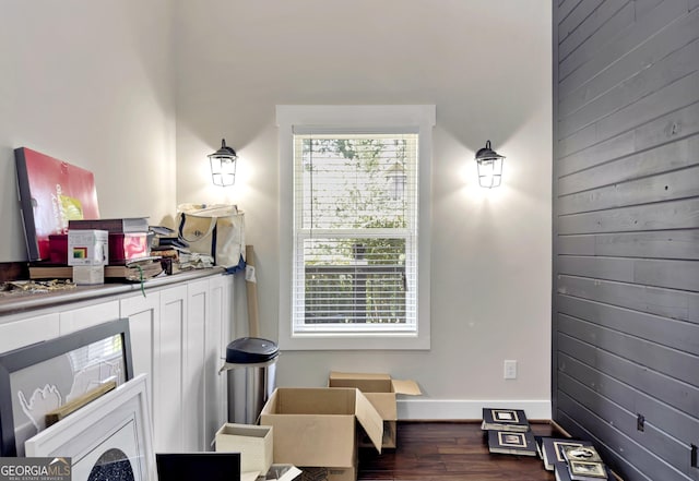 sitting room featuring dark hardwood / wood-style flooring and wood walls