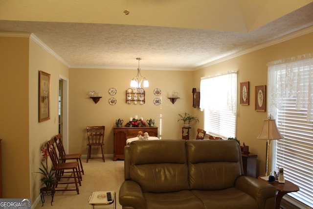 living room featuring crown molding, an inviting chandelier, light carpet, and a textured ceiling