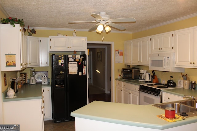 kitchen with sink, white cabinetry, ceiling fan, ornamental molding, and white appliances