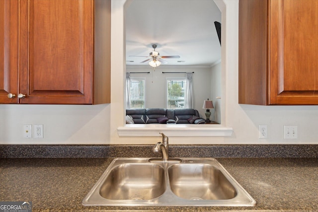 kitchen with crown molding, sink, and ceiling fan