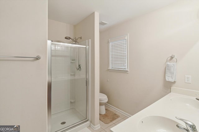 bathroom with tile patterned flooring, toilet, a shower with shower door, and sink