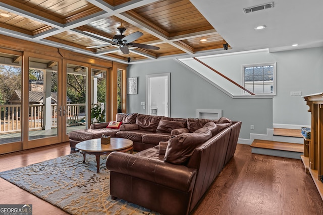 living room featuring beam ceiling, coffered ceiling, wooden ceiling, and dark hardwood / wood-style flooring