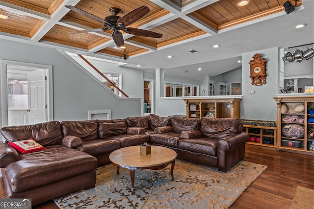 living room featuring beam ceiling, dark hardwood / wood-style flooring, coffered ceiling, and wood ceiling